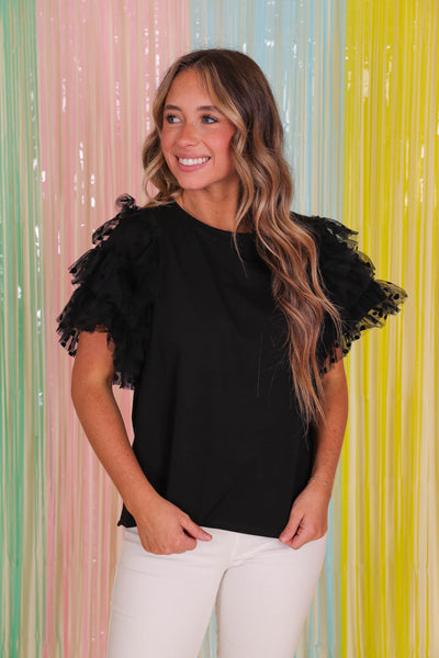 Black T-Shirt With Ruffles- Women's Ruffle Top- Entro Black Top