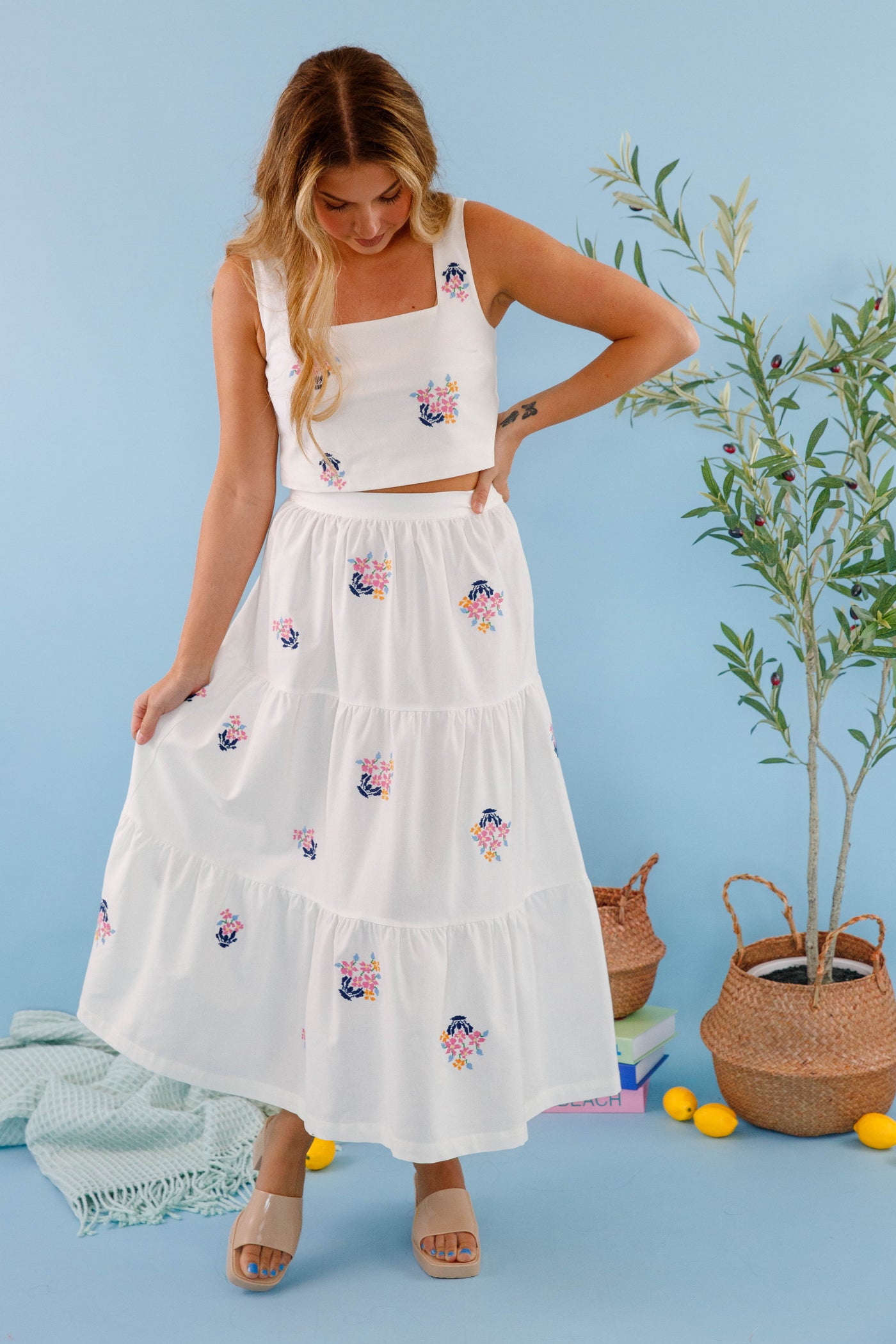 Floral Embroidery Two Piece Set- Women's Cropped Midi Skirt- Women's Vacation Outfits