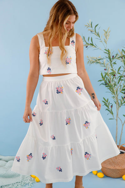 Floral Embroidery Two Piece Set- Women's Cropped Midi Skirt- Women's Vacation Outfits