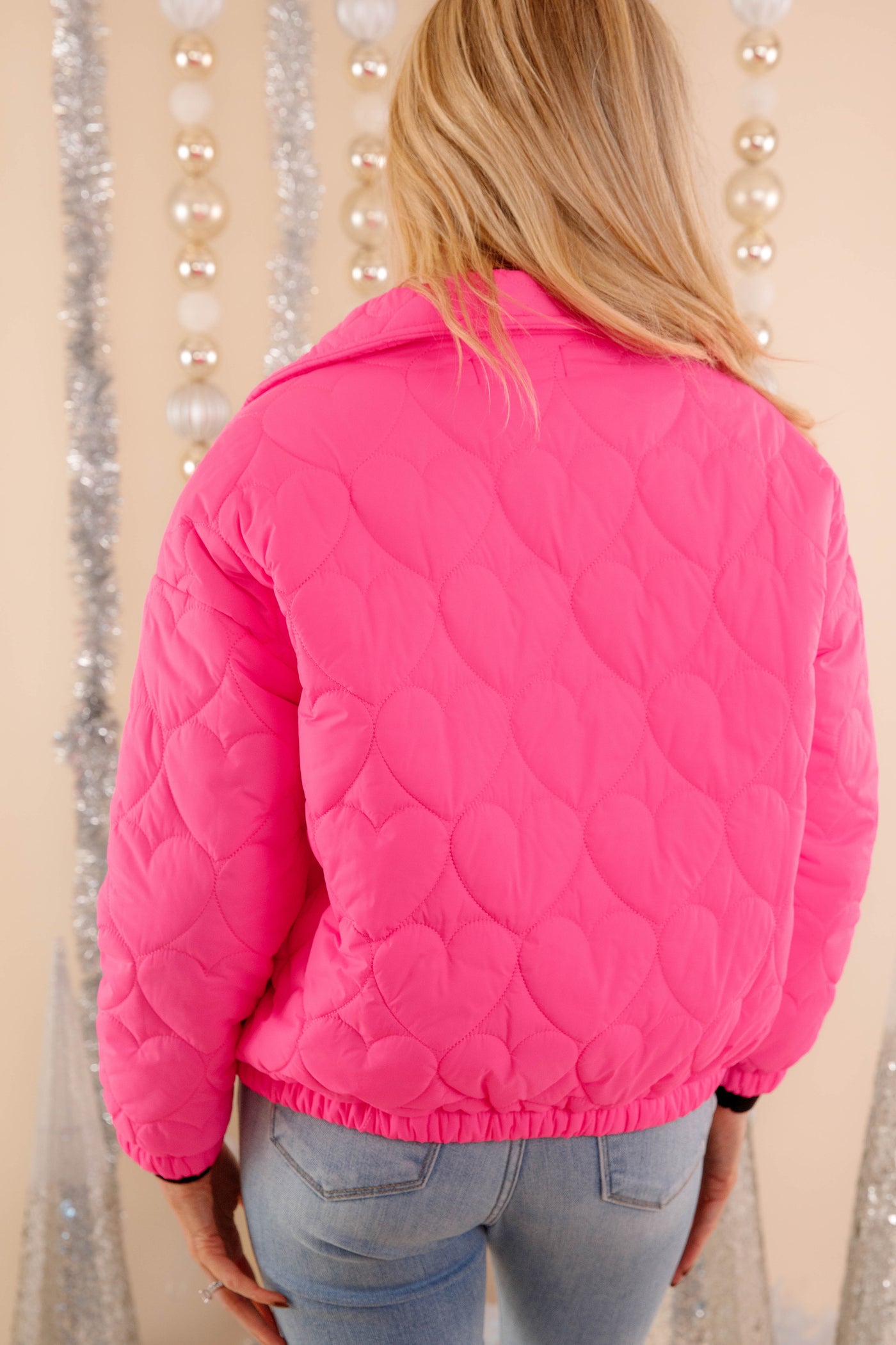 Hot Pink Heart Puffer Jacket- Women's Heart Puff Coat- Hot Pink Winter Jacket