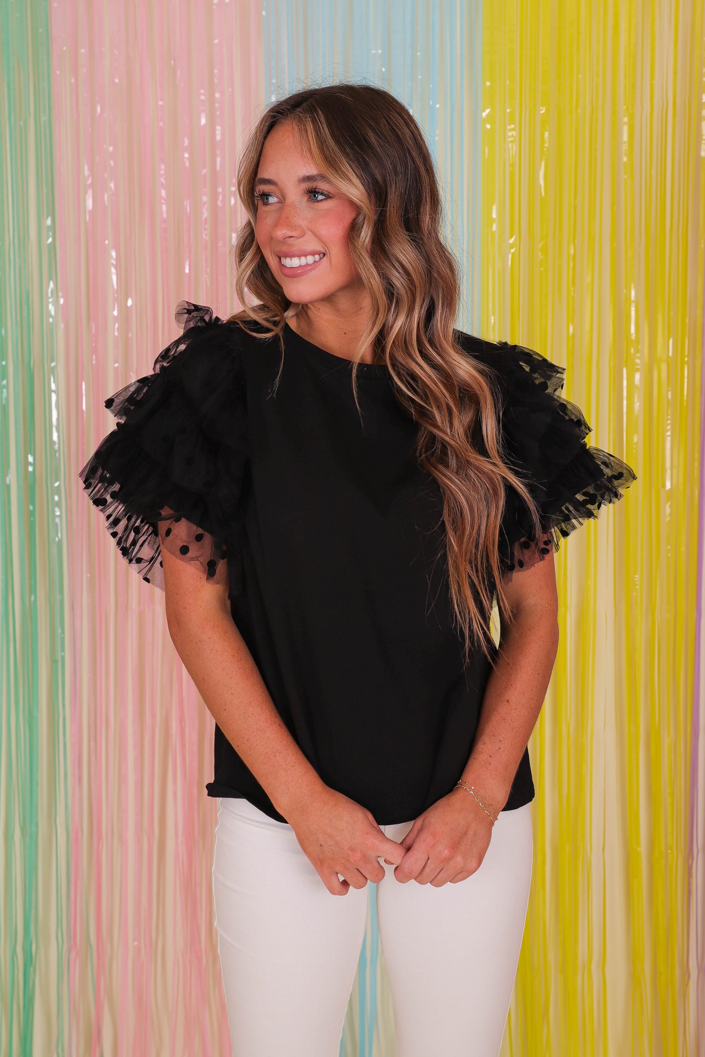 Black T-Shirt With Ruffles- Women's Ruffle Top- Entro Black Top