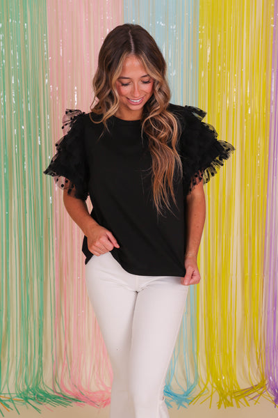 Black T-Shirt With Ruffles- Women's Ruffle Top- Entro Black Top