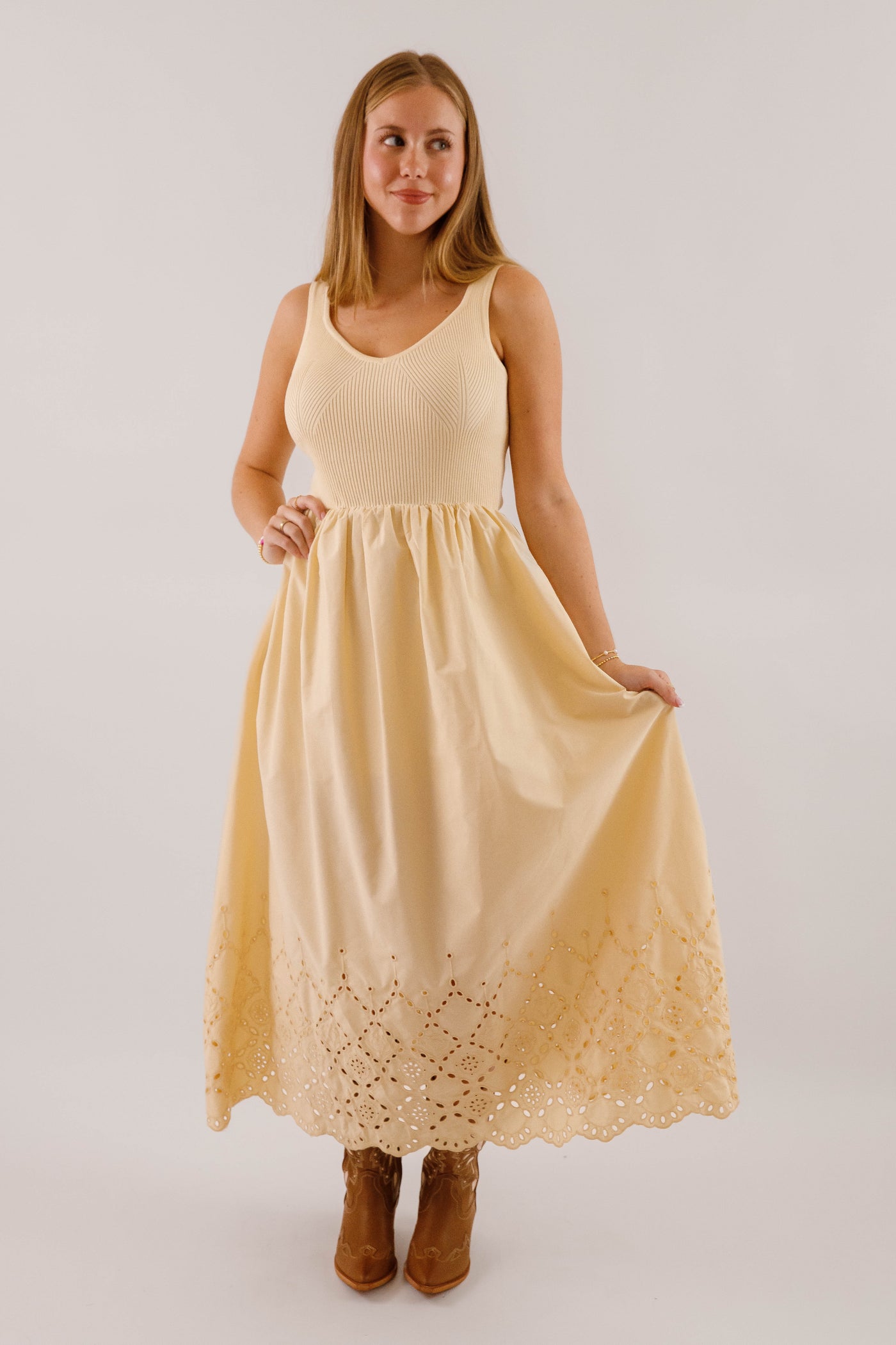 Women's Eyelet Detail Midi Dress- Women's Ribbed V-Neck with Scalloped Eyelet Hemline Dress