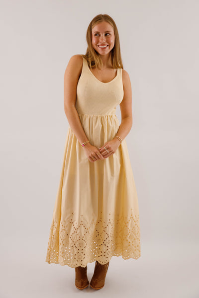 Women's Eyelet Detail Midi Dress- Women's Ribbed V-Neck with Scalloped Eyelet Hemline Dress