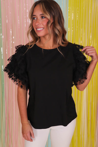 Black T-Shirt With Ruffles- Women's Ruffle Top- Entro Black Top