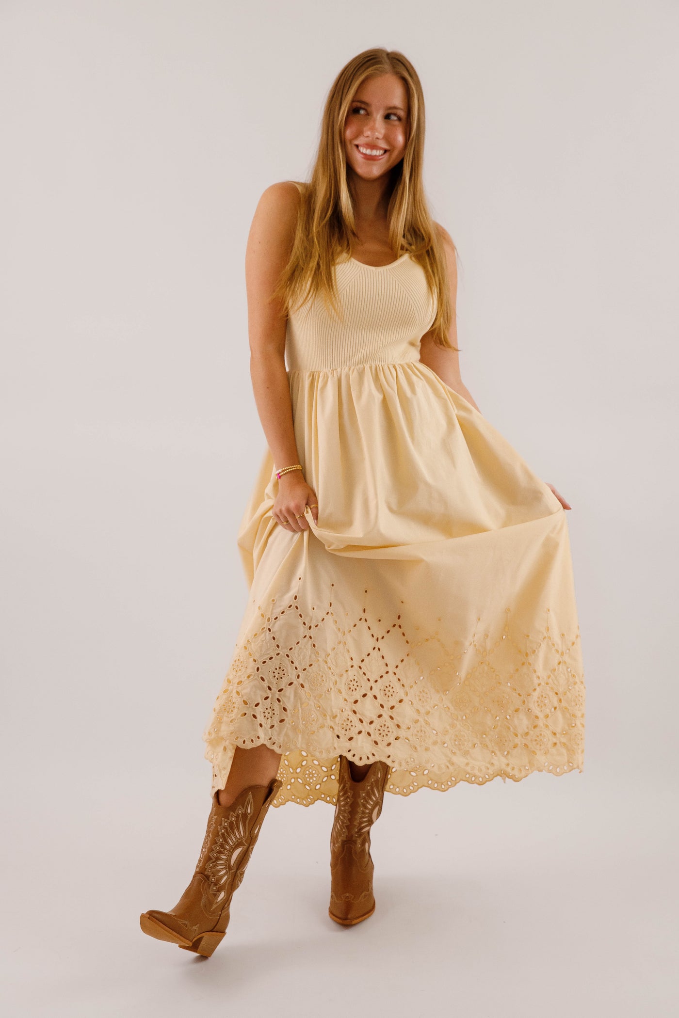 Women's Eyelet Detail Midi Dress- Women's Ribbed V-Neck with Scalloped Eyelet Hemline Dress