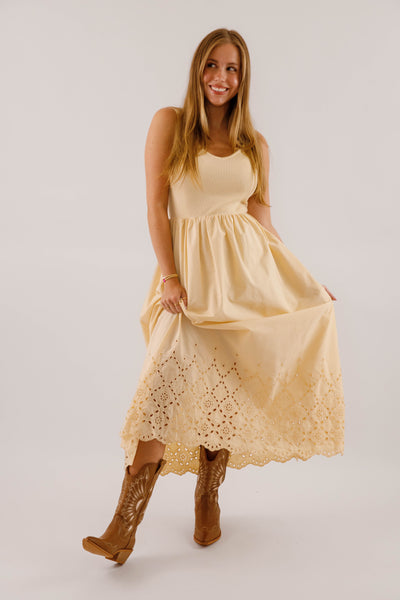 Women's Eyelet Detail Midi Dress- Women's Ribbed V-Neck with Scalloped Eyelet Hemline Dress