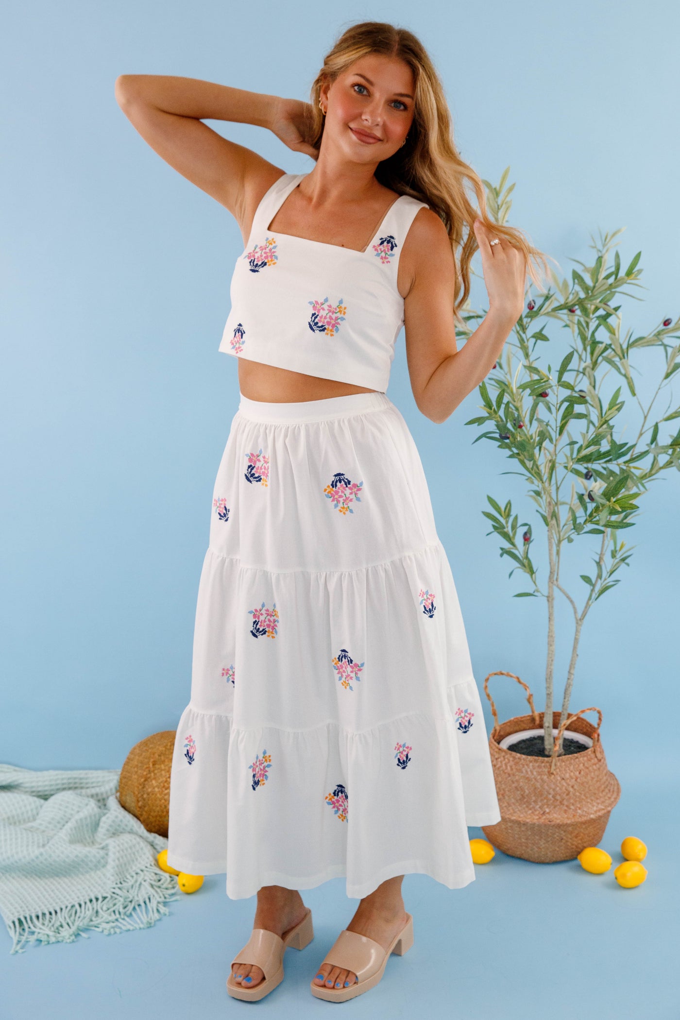 Floral Embroidery Two Piece Set- Women's Cropped Midi Skirt- Women's Vacation Outfits