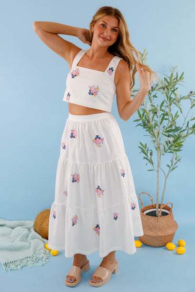 Floral Embroidery Two Piece Set- Women's Cropped Midi Skirt- Women's Vacation Outfits