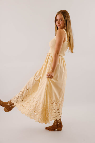 Women's Eyelet Detail Midi Dress- Women's Ribbed V-Neck with Scalloped Eyelet Hemline Dress