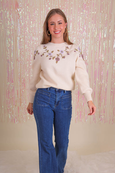 Women's Flower Embroidered Sweater- Women's Preppy Sweaters- See and Be Seen Sweater