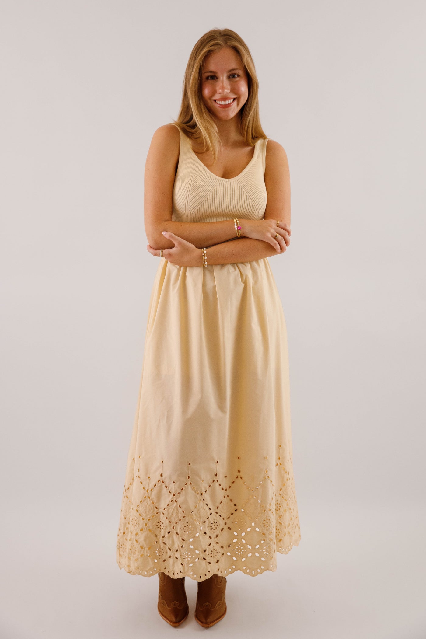 Women's Eyelet Detail Midi Dress- Women's Ribbed V-Neck with Scalloped Eyelet Hemline Dress