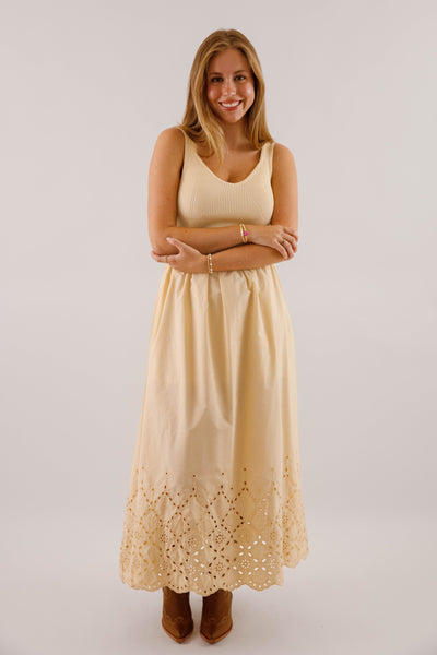 Women's Eyelet Detail Midi Dress- Women's Ribbed V-Neck with Scalloped Eyelet Hemline Dress