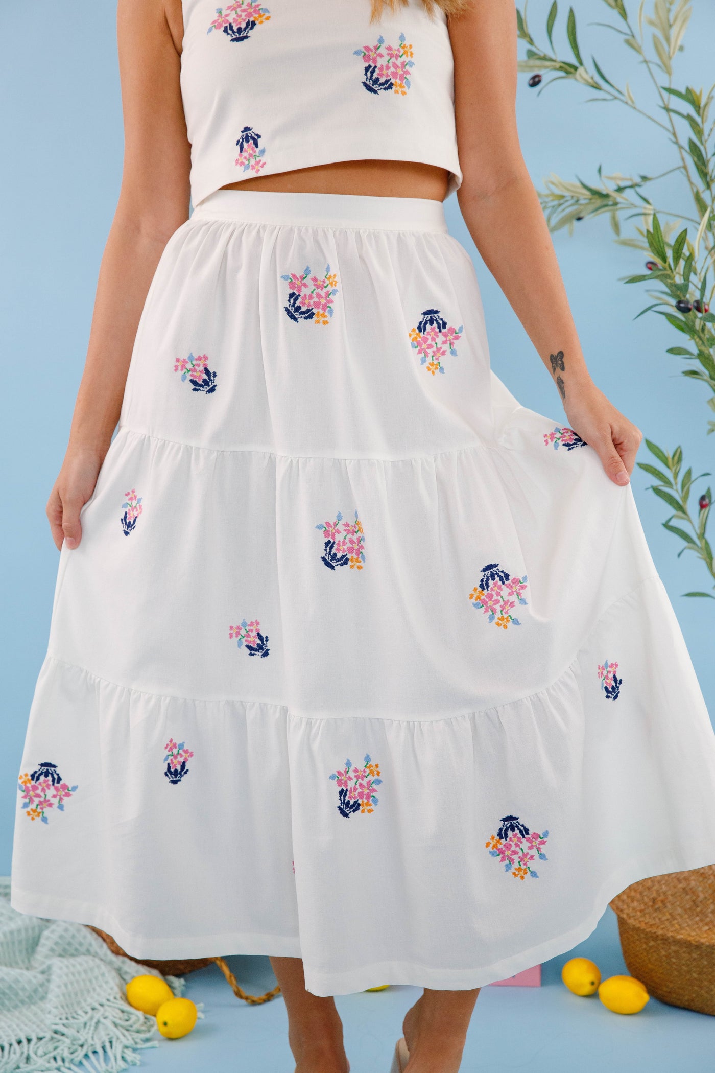 Floral Embroidery Two Piece Set- Women's Cropped Midi Skirt- Women's Vacation Outfits