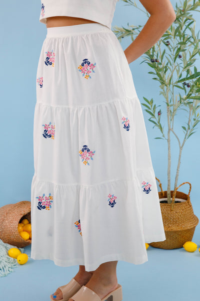 Floral Embroidery Two Piece Set- Women's Cropped Midi Skirt- Women's Vacation Outfits