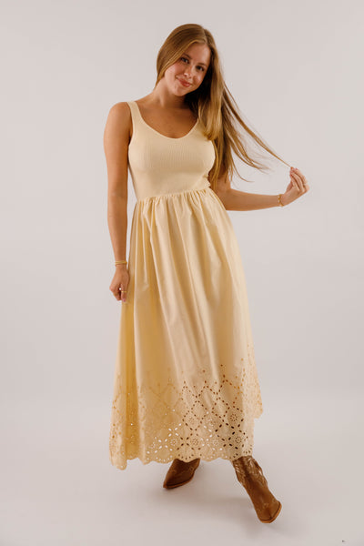 Women's Eyelet Detail Midi Dress- Women's Ribbed V-Neck with Scalloped Eyelet Hemline Dress