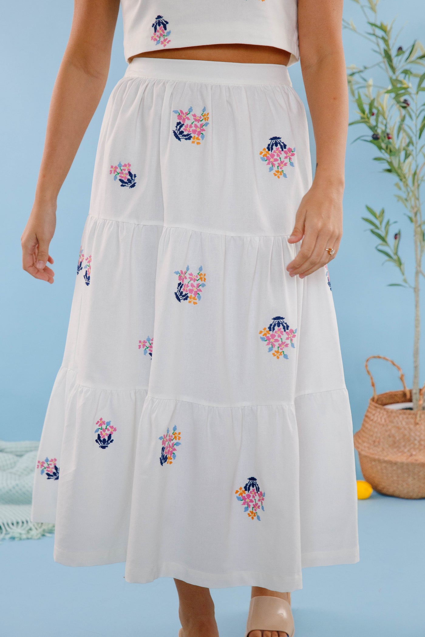 Floral Embroidery Two Piece Set- Women's Cropped Midi Skirt- Women's Vacation Outfits