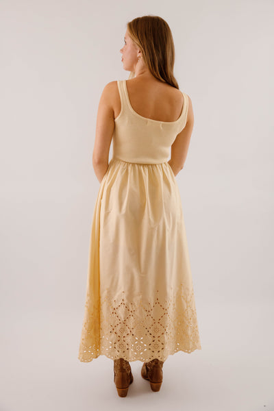 Women's Eyelet Detail Midi Dress- Women's Ribbed V-Neck with Scalloped Eyelet Hemline Dress