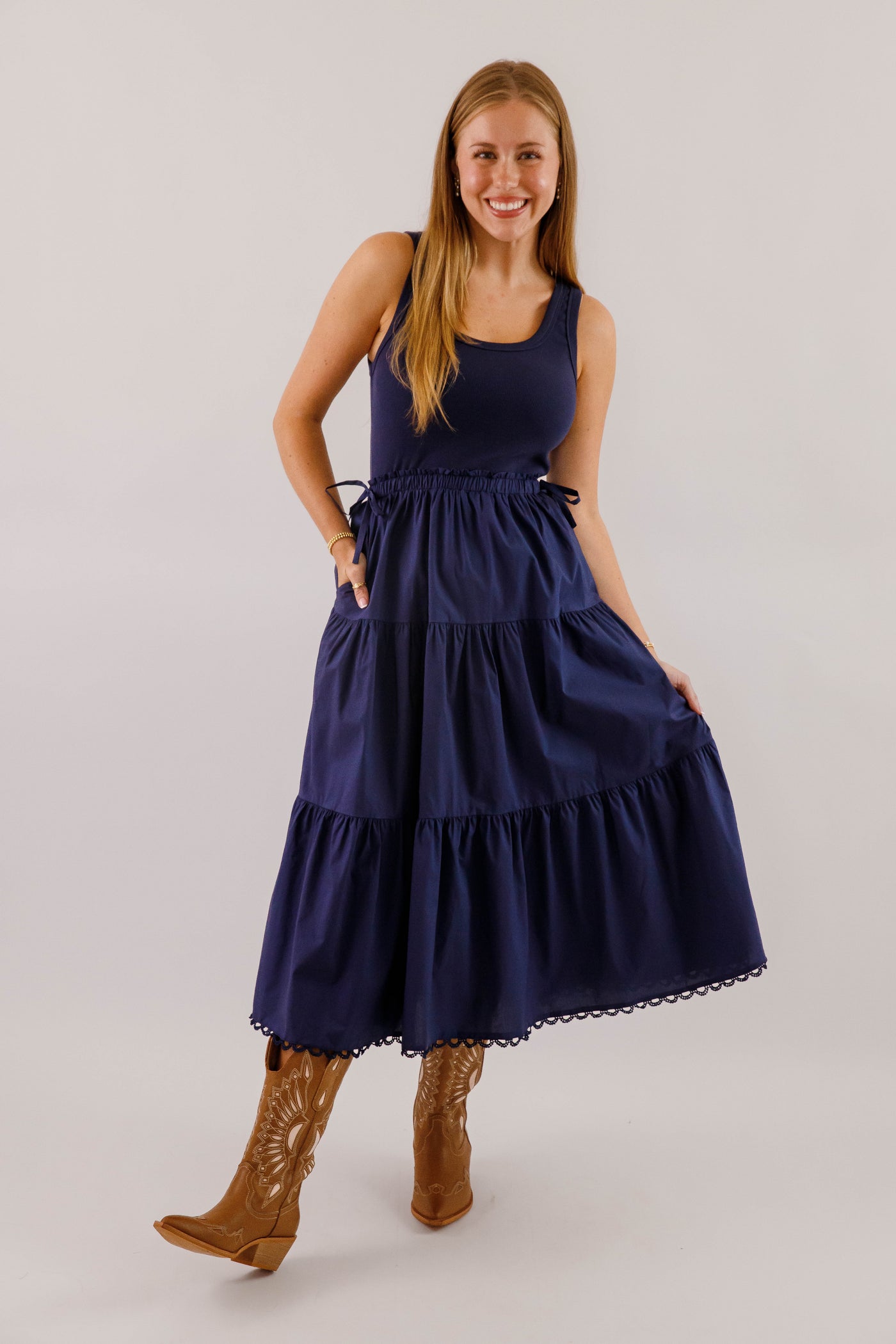 Women's Navy Cotton Mix Midi Dress- Simple Fall Dresses