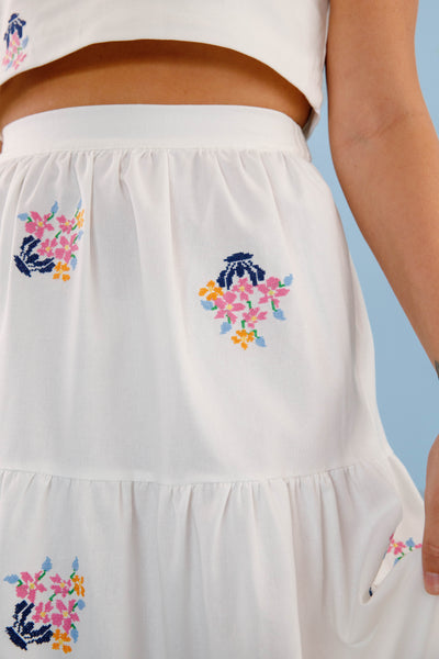 Floral Embroidery Two Piece Set- Women's Cropped Midi Skirt- Women's Vacation Outfits