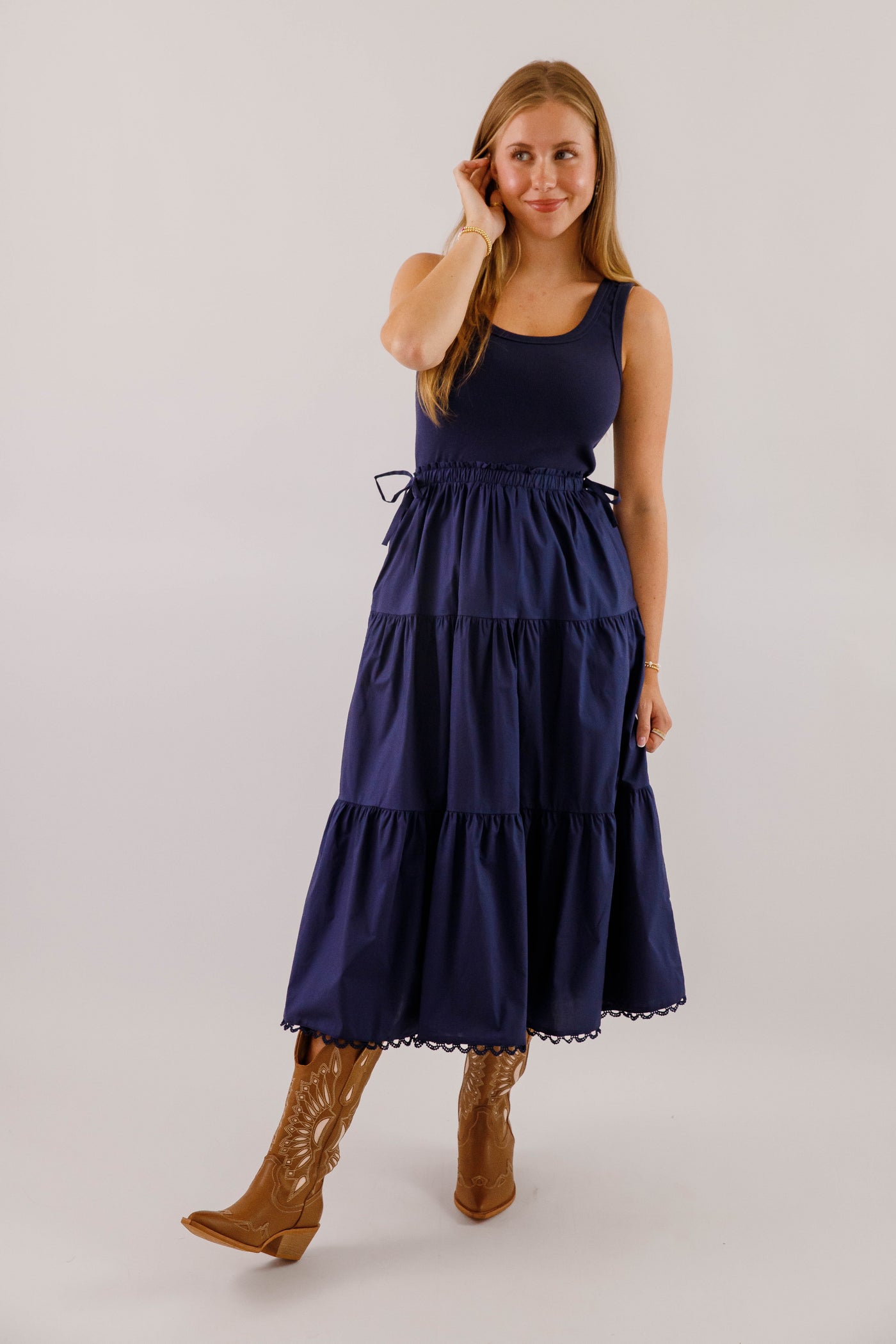 Women's Navy Cotton Mix Midi Dress- Simple Fall Dresses