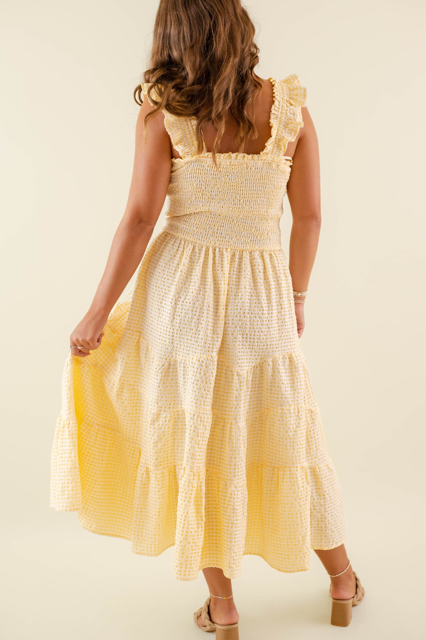 Women's Yellow Seersucker Midi Dress- Women's Preppy Dresses- Yellow Gingham Midi Dress