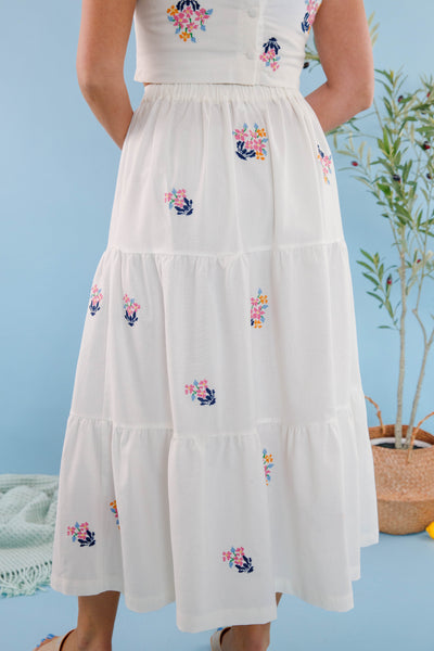 Floral Embroidery Two Piece Set- Women's Cropped Midi Skirt- Women's Vacation Outfits