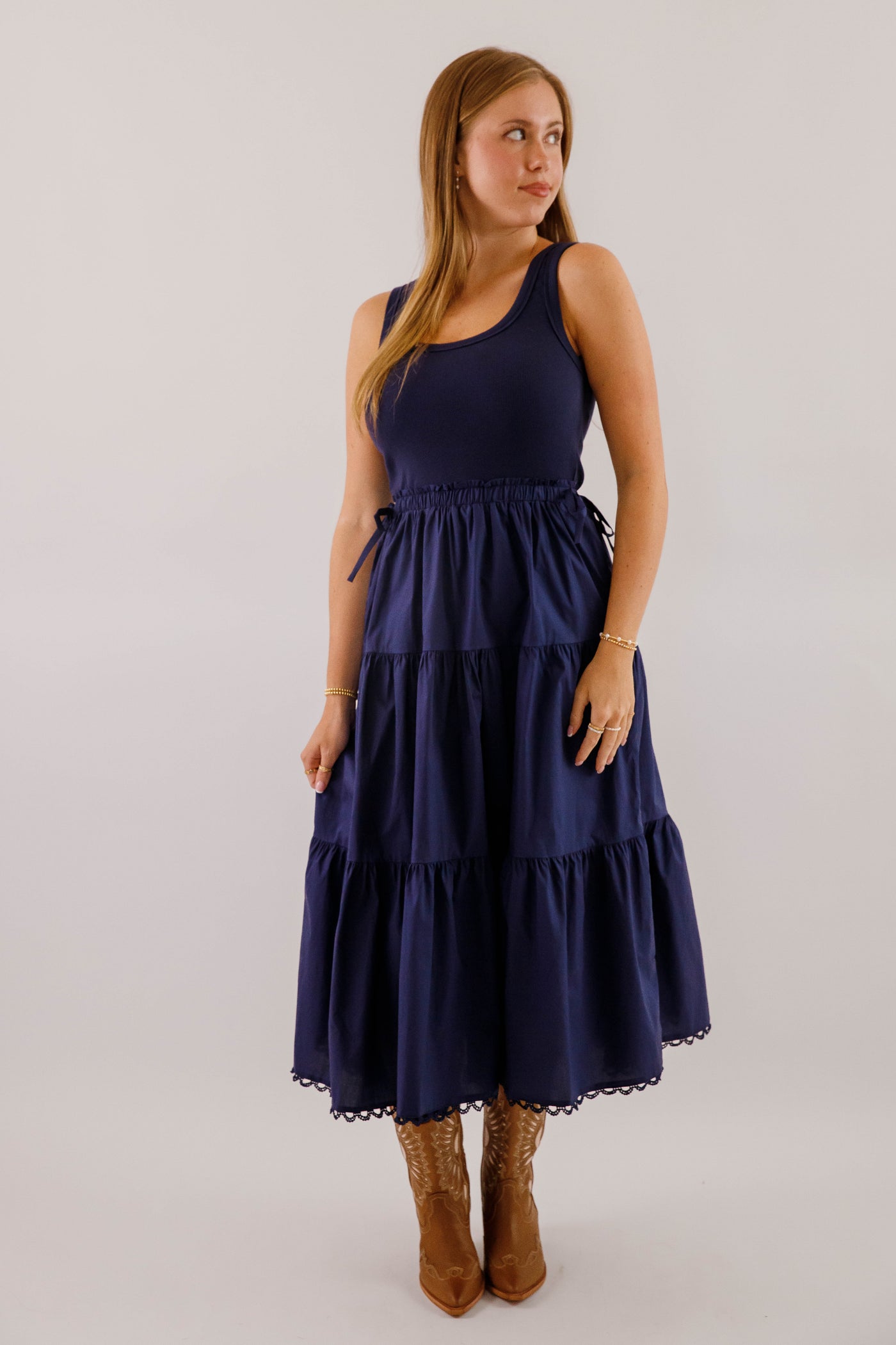 Women's Navy Cotton Mix Midi Dress- Simple Fall Dresses