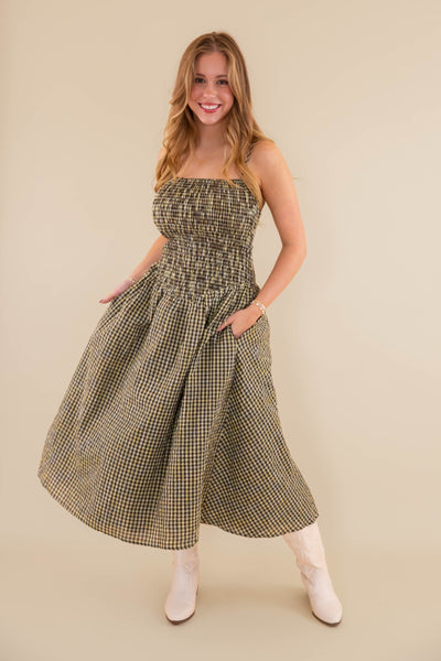Gingham Smocked Midi Dress- Smocked Front Bodice Dress- Creamon Gingham Dress