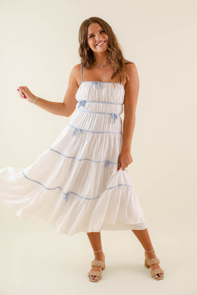 Women's Blue Bow Dress- Dainty Bow Midi Dress- Women's Preppy Dresses