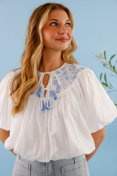 Cropped Embroidered Blouse- Women's White and Blue Floral Top- Women's Summer Tops