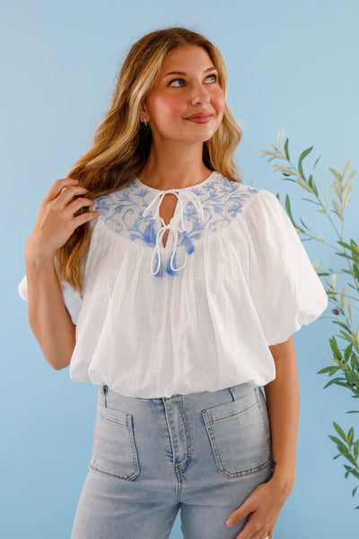 Cropped Embroidered Blouse- Women's White and Blue Floral Top- Women's Summer Tops