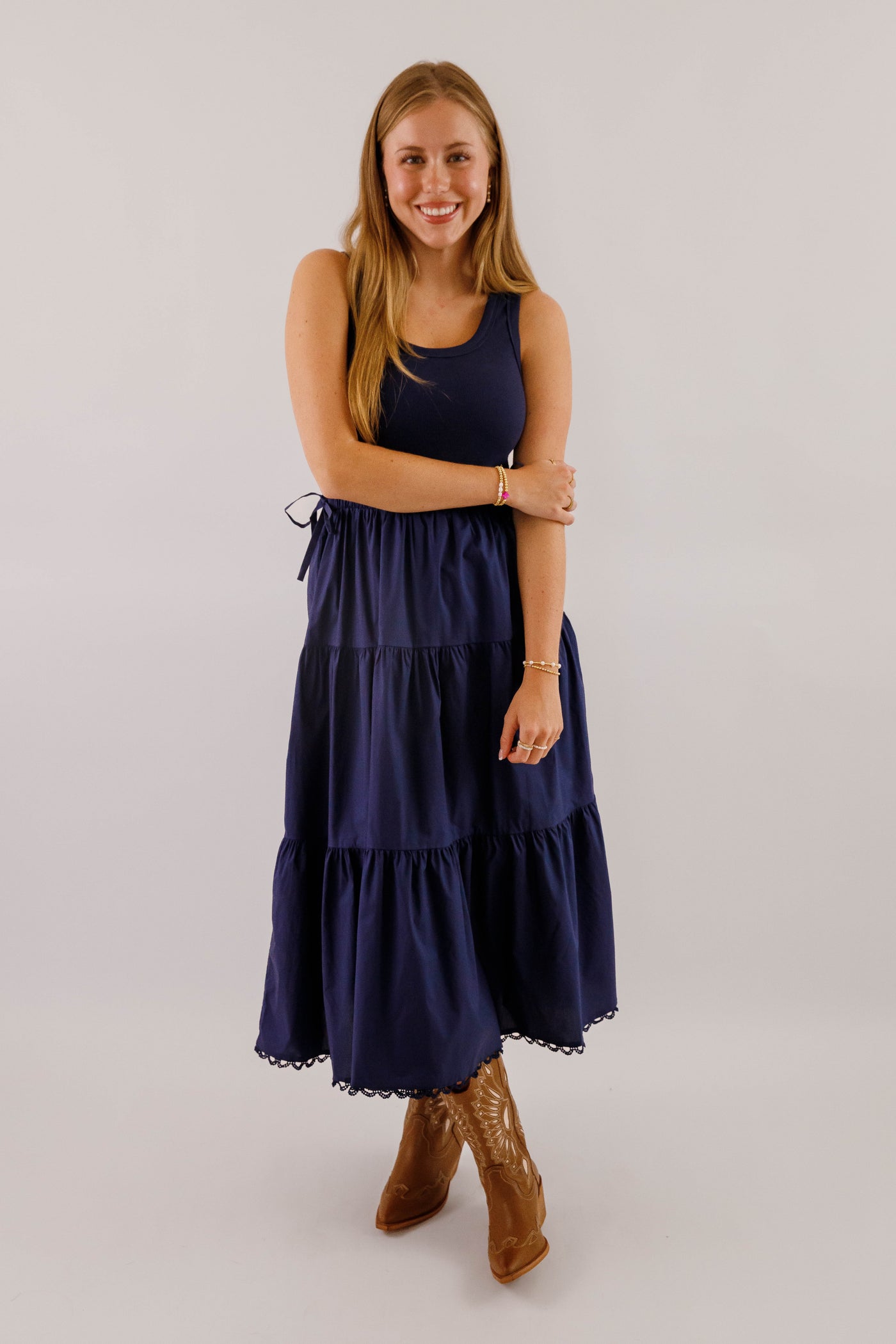 Women's Navy Cotton Mix Midi Dress- Simple Fall Dresses