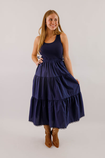 Women's Navy Cotton Mix Midi Dress- Simple Fall Dresses