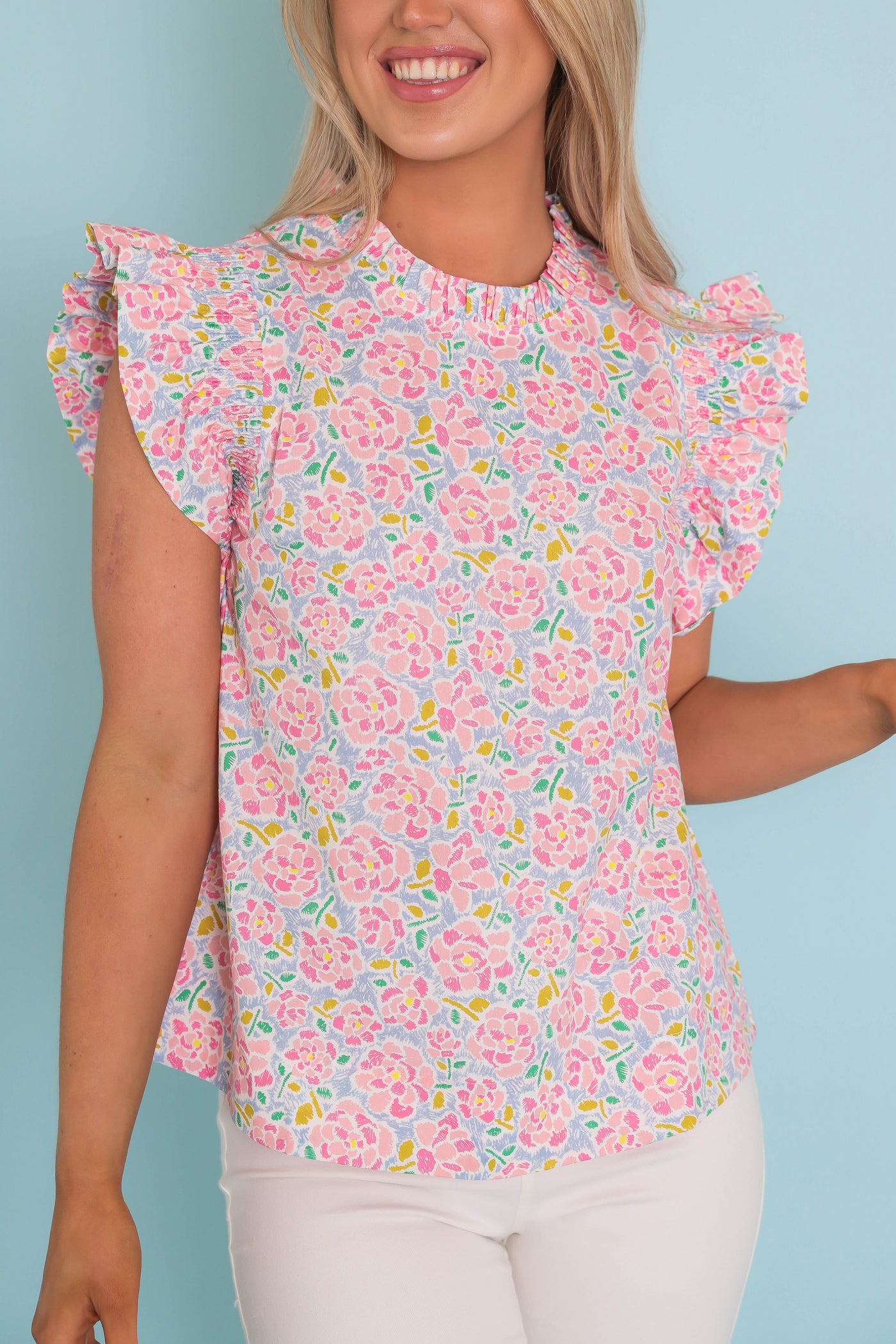 Colorful Flower Print Blouse- Women's Bright Ruffle Blouse- Jodifl Preppy Top