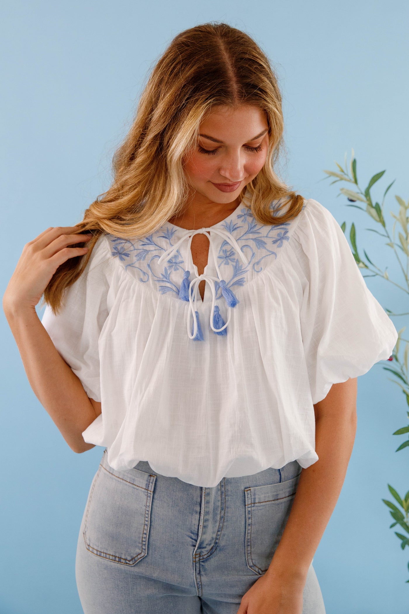 Cropped Embroidered Blouse- Women's White and Blue Floral Top- Women's Summer Tops