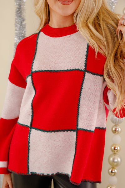 Red and White Checked Sweater- Holiday Sweater