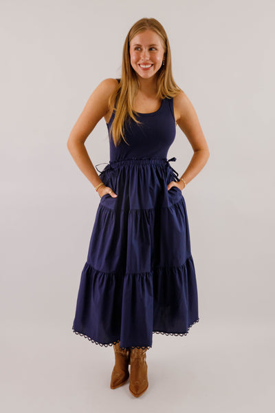 Women's Navy Cotton Mix Midi Dress- Simple Fall Dresses