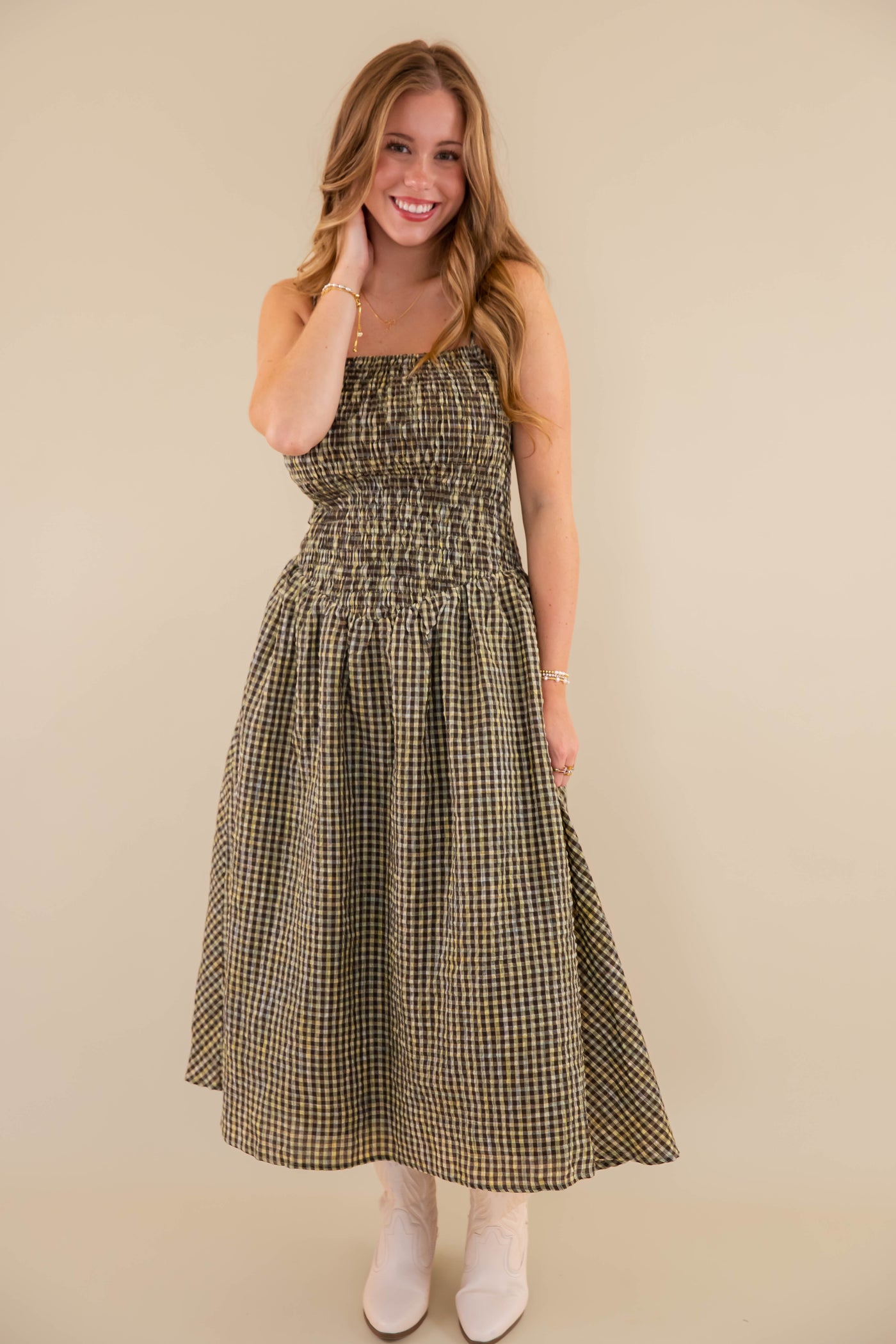Gingham Smocked Midi Dress- Smocked Front Bodice Dress- Creamon Gingham Dress