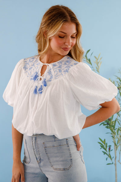 Cropped Embroidered Blouse- Women's White and Blue Floral Top- Women's Summer Tops