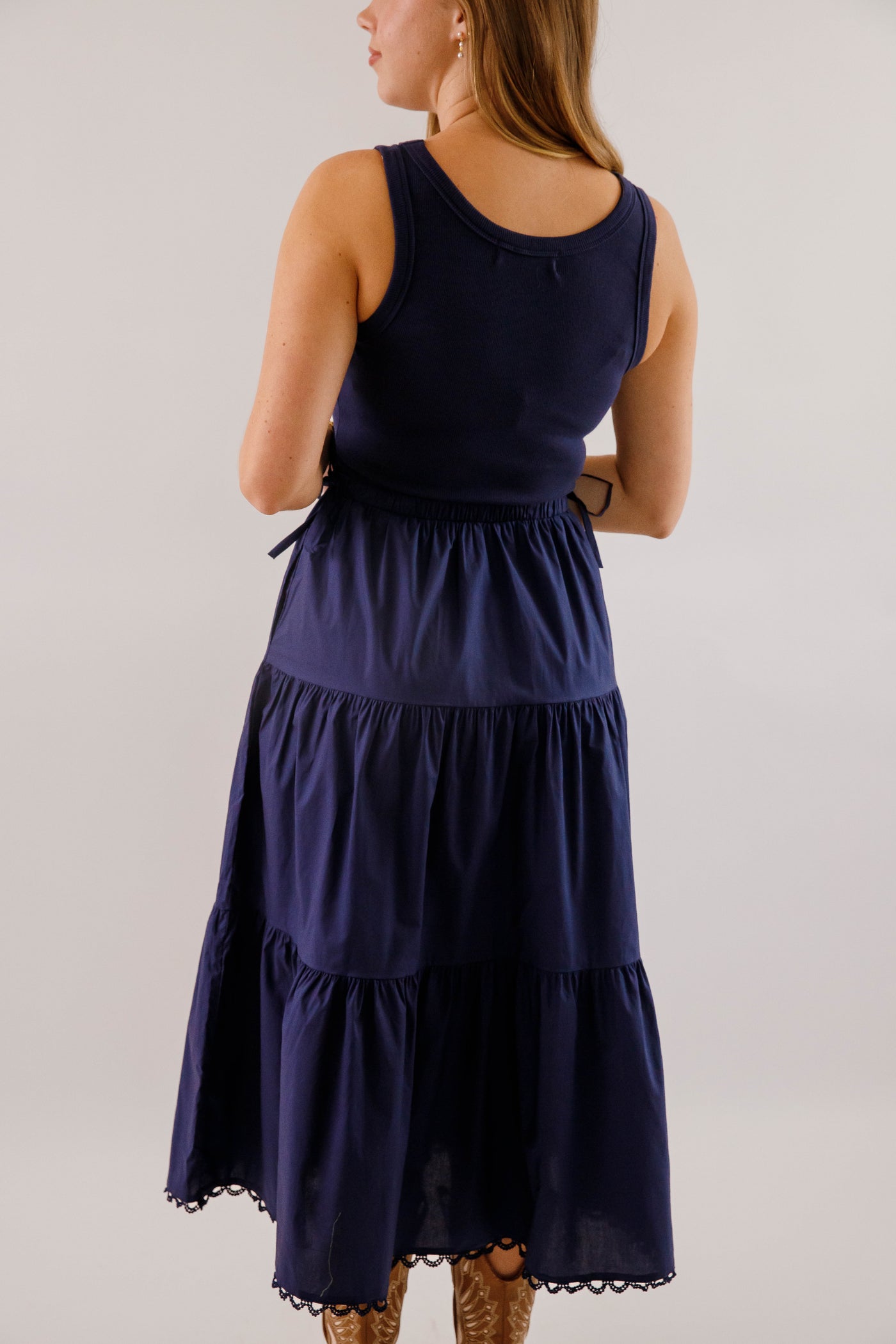 Women's Navy Cotton Mix Midi Dress- Simple Fall Dresses