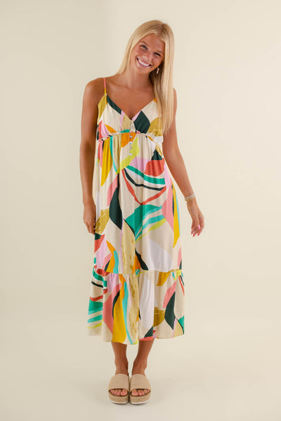 Women's Colorful Midi Dress- Women's Vacation Dresses- Summer Midi Dress