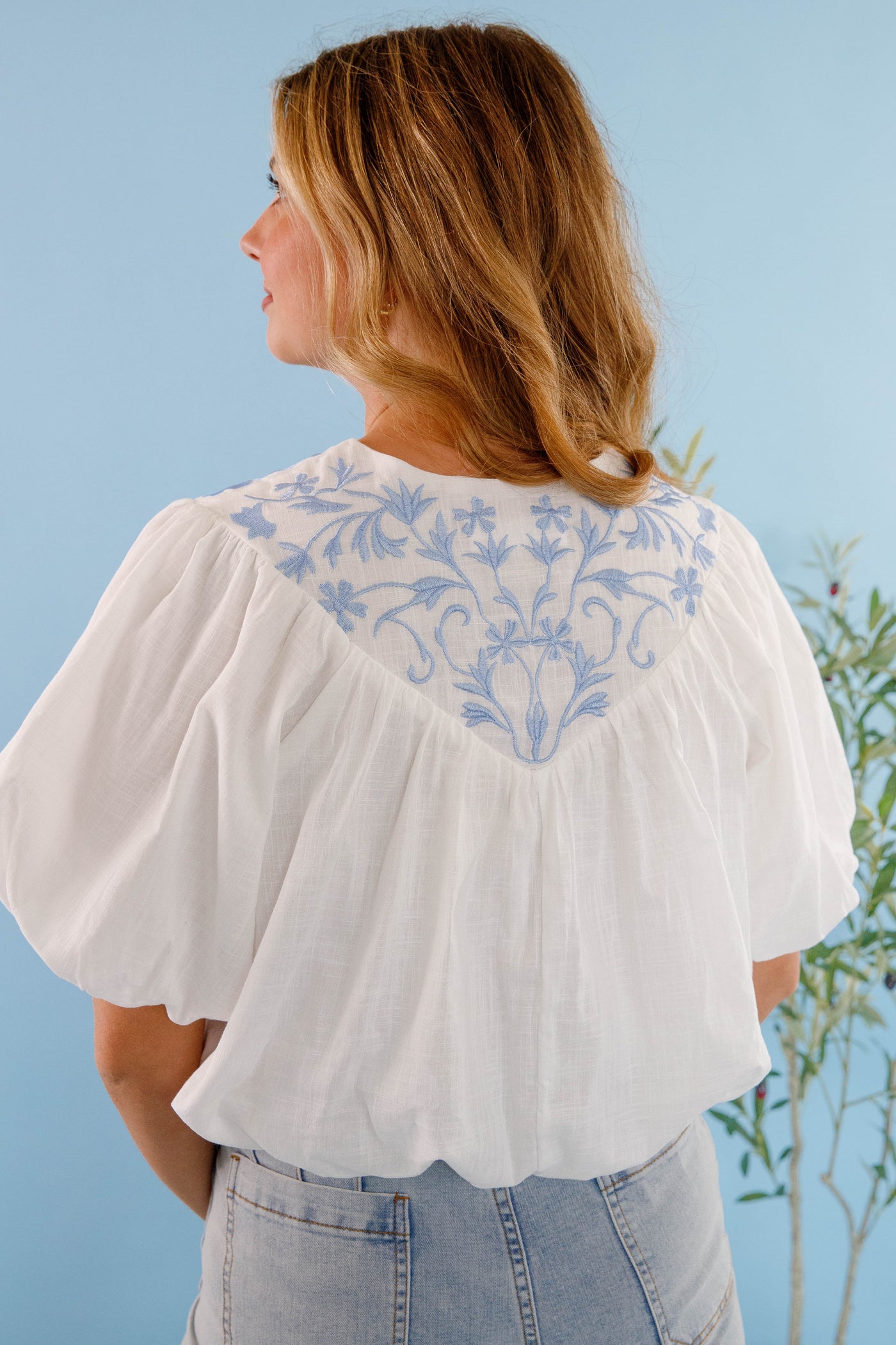 Cropped Embroidered Blouse- Women's White and Blue Floral Top- Women's Summer Tops
