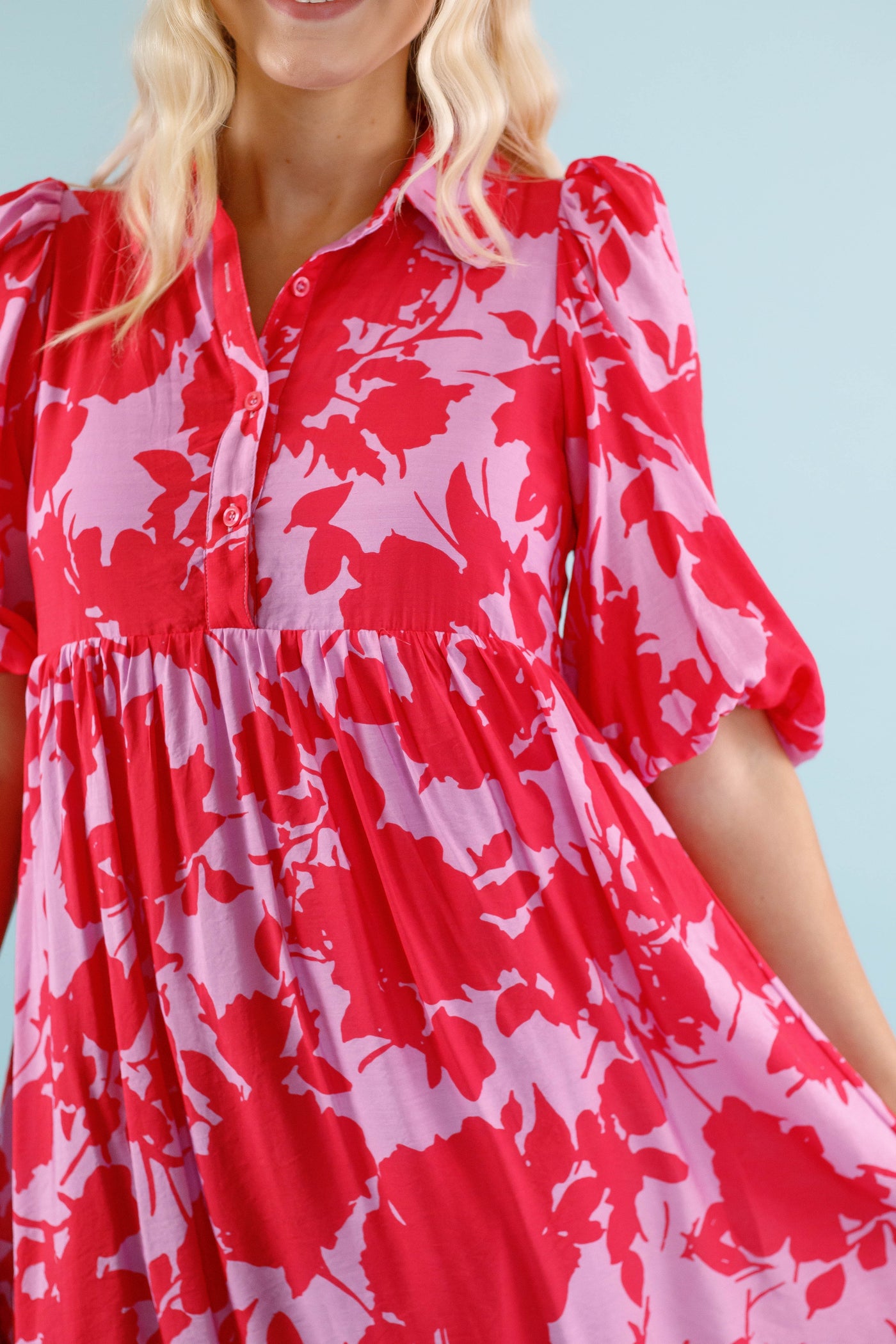 Red and Pink Floral Midi Dress- Women's Collared Midi Dress