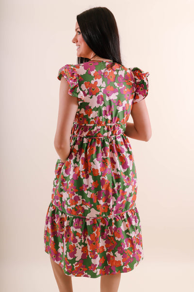 Cute Floral Print Midi Dress- Women's Cotton Dresses- Aureum Midi Dress