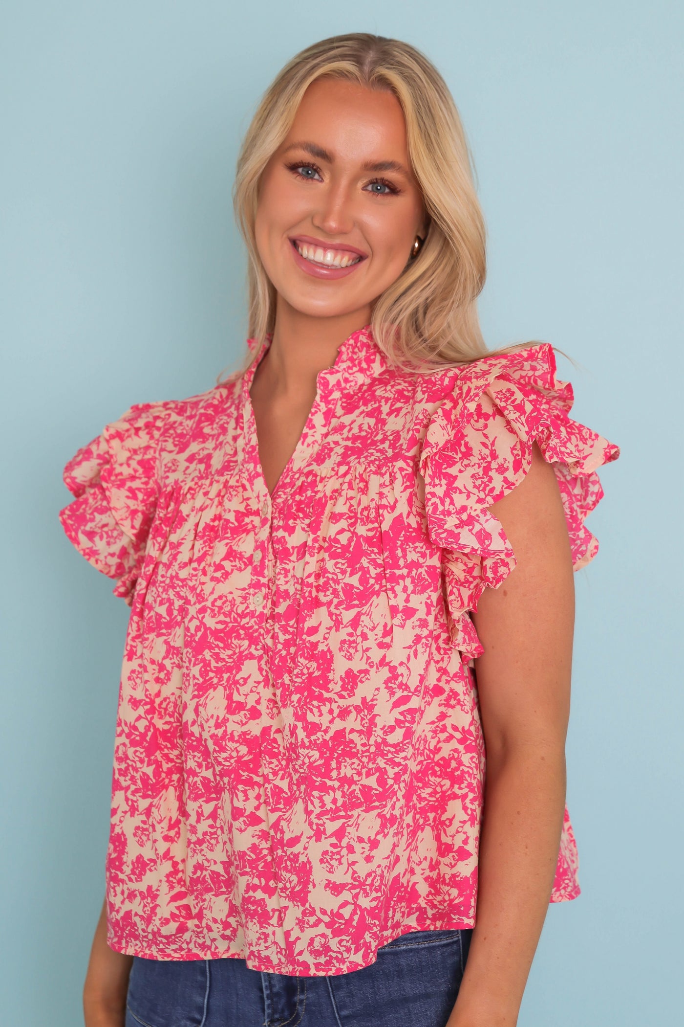 Women's Feminine Print Blouse- Women's Pink Ruffle Top- &Merci Floral Print Blouse