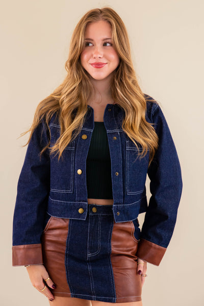 Women's Cropped Denim and Leather Jacket- Women's Matching Denim Set- Concert Outfits