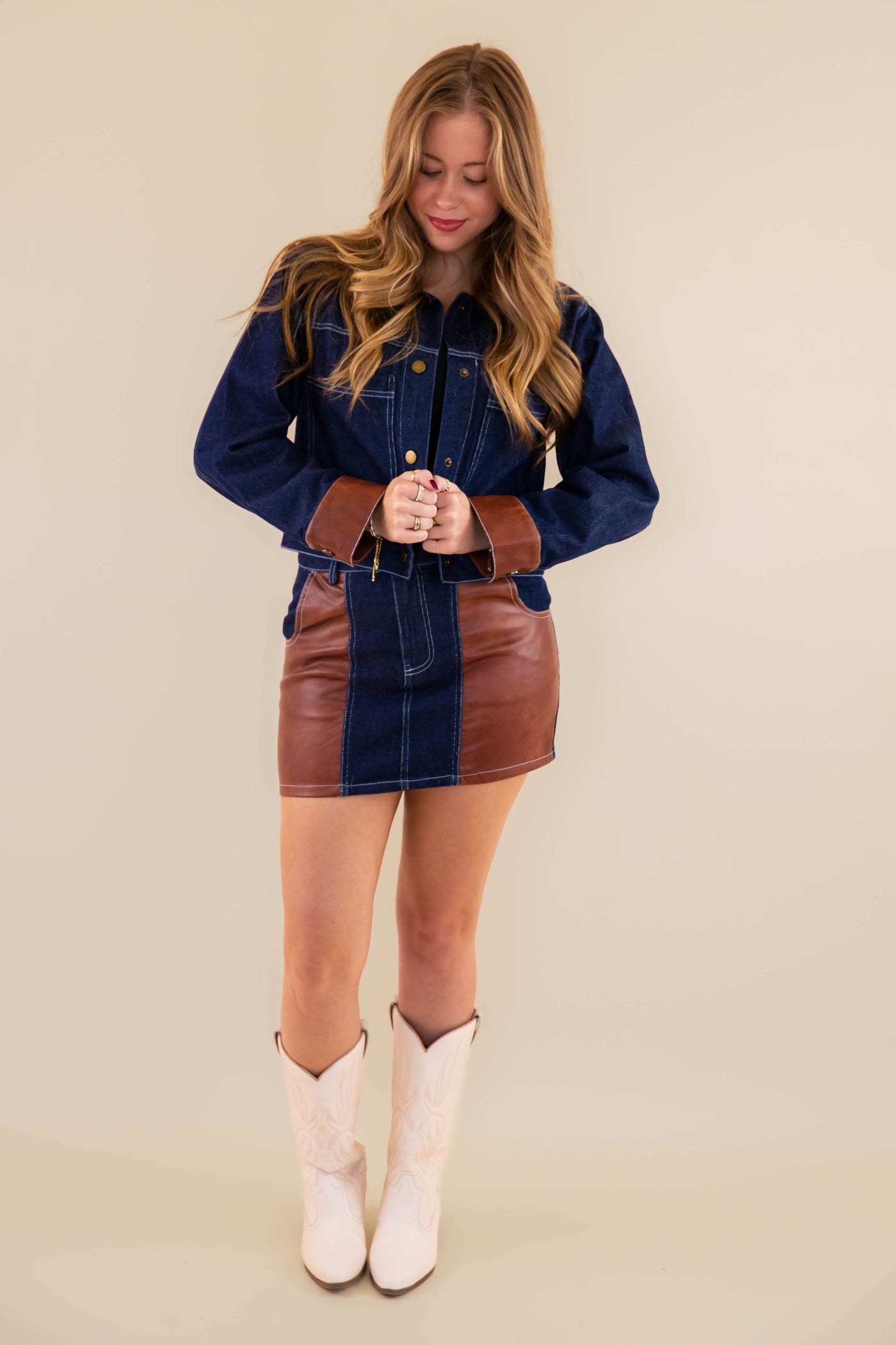 Women's Cropped Denim and Leather Jacket- Women's Matching Denim Set- Concert Outfits