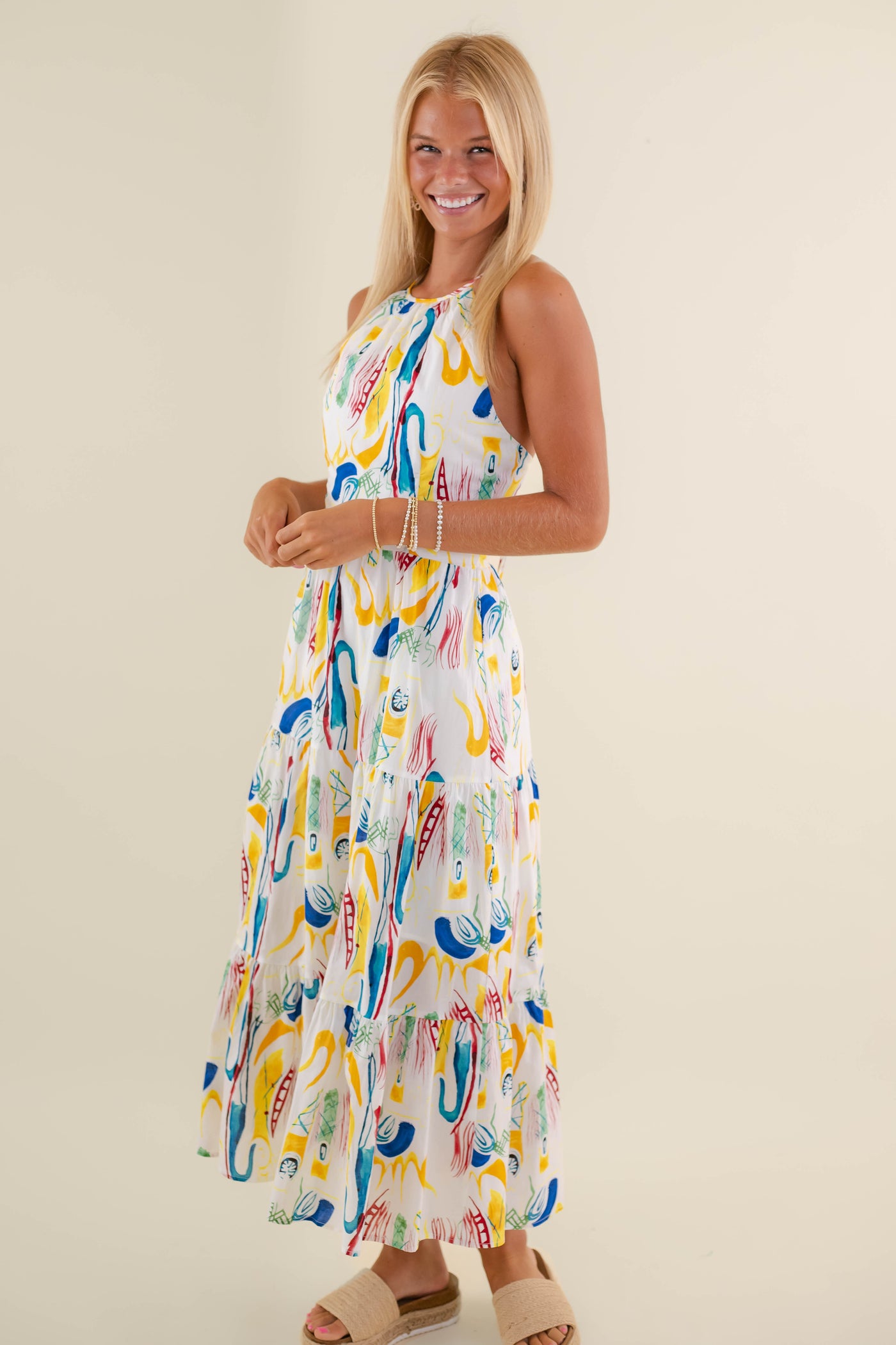 Colorful Abstract Print Midi Dress- Women's Vacation Dresses