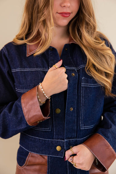 Women's Cropped Denim and Leather Jacket- Women's Matching Denim Set- Concert Outfits